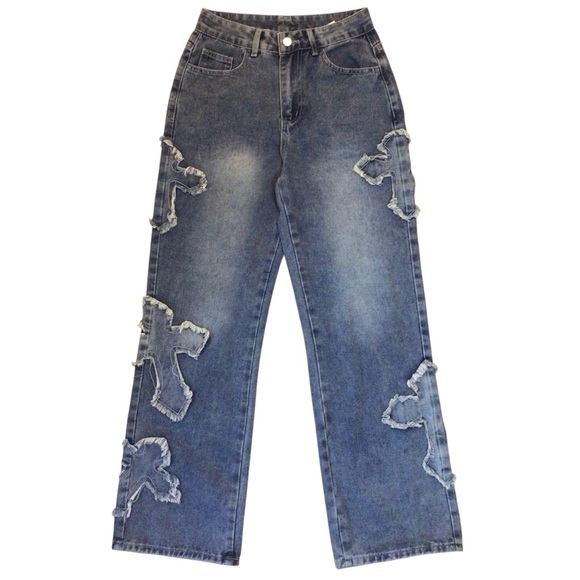 Romwe Women’s Jeans Size Small (4) High Waisted Wide Leg Distressed Cross Patch - Picture 2 of 8